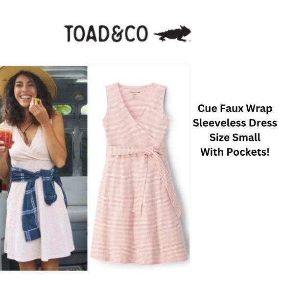 Toad&Co Dresses & Skirts - Toad&Co Cue Wrap SL Dress with Pockets, Pink Sand Mini Stripe Size Small
